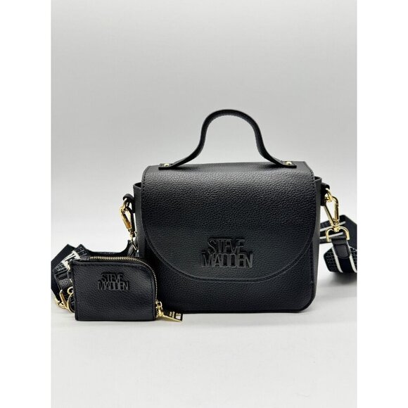 STEVE MADDEN flap satchel crossbody web strap + mini cardcase -Black 2 Piece set - Picture 2 of 11